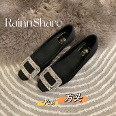 方头秀气显瘦方扣水钻平跟单鞋 富贵雨 2023升级版