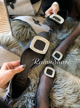 富贵雨rv平底单鞋女圆头2024春夏季新款浅口中空舒适女鞋绸缎水钻