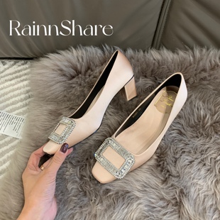 带跟方头粗跟水钻方扣单鞋 新款 2023春季 富贵雨