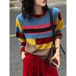 欧货时髦拼色条纹羊毛圆领针织衫女秋冬宽松落肩彩虹色毛衣