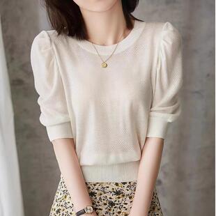 打底泡泡袖 短款 上衣 高腰配裙子t恤女春秋夏冰丝圆领半袖 针织短袖