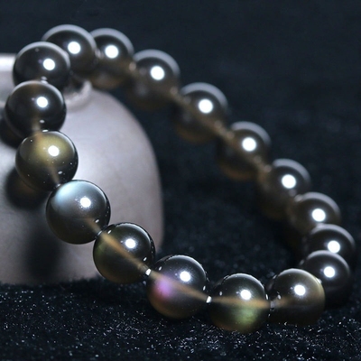 冰种黑曜石手链天然彩虹眼黑耀石珠子散珠串珠佛珠手串男女