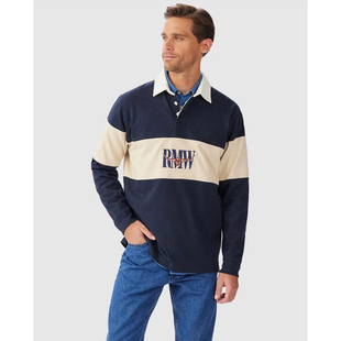 商务休闲美式 翻领T刺绣POLO 纯棉水洗RUGBY长袖 外贸男澳洲春秋新款