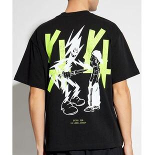 44厂牌 POWER DYING SUN涂鸦字母印花T恤荧光绿小众潮牌电音穿搭