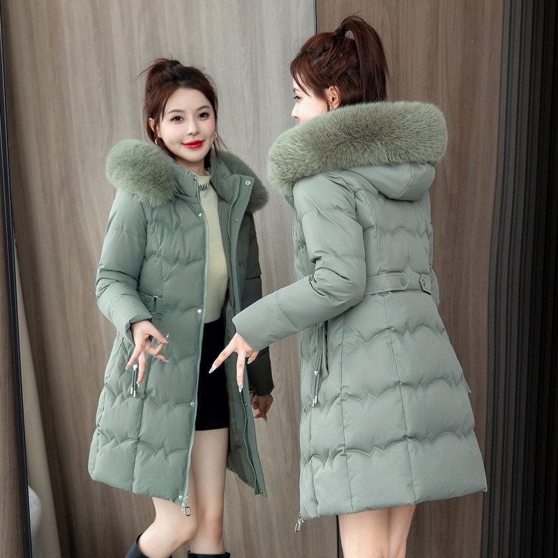 棉服女中长款2024冬季新款加厚保暖棉袄修身显瘦大毛领羽绒棉衣女