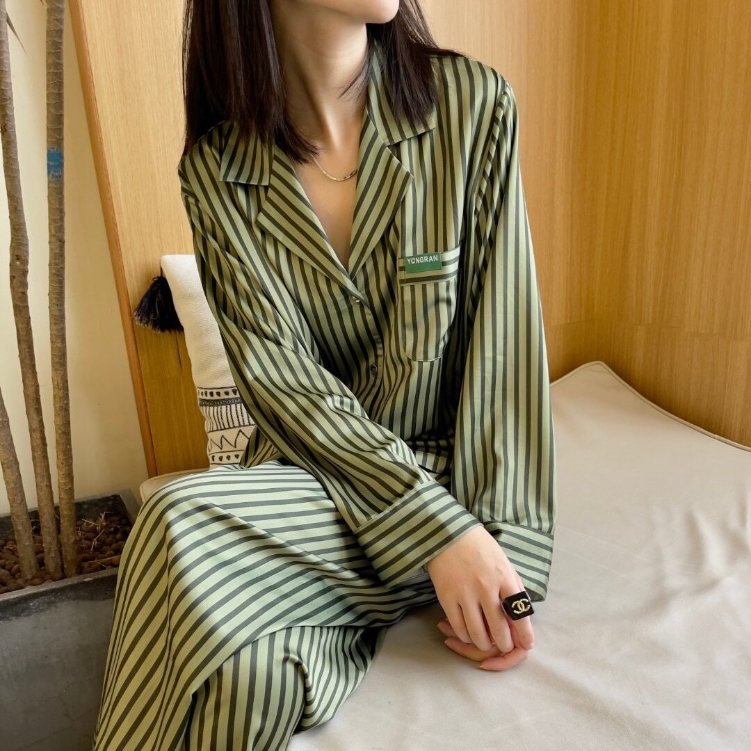 Yase【青口绿】慵懒风睡衣女春秋衬衫TB风宽松条纹套装复古港风