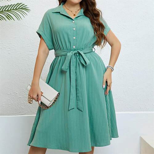 2024 Plus Size Women Dress L4XL绿色半开衫绑带收腰大码连衣裙