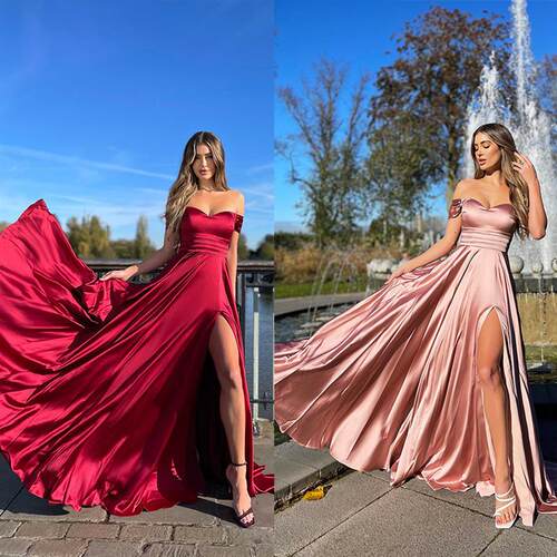 One line neck sleeveless slit long skirt一字领无袖开叉长裙女