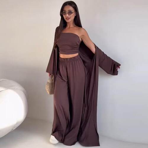 Fashion three piece set欧美新款女抹胸开衫上衣阔腿裤三件套