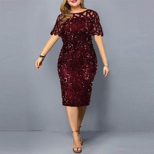 Plus Size Short Sleeve Women Sequin Dress Party Night DRESS