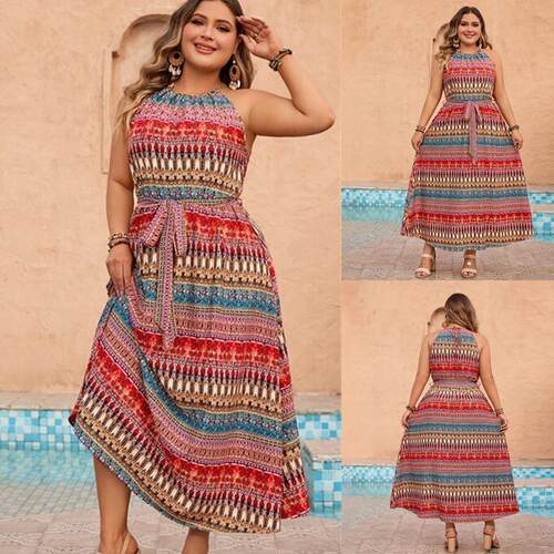 Plus size women Summer vacation style halter dress大码连衣裙