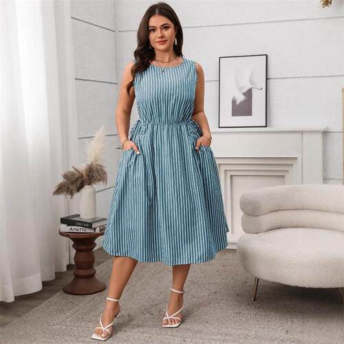 Sleeveless striped summer plus size women dress XL4XL大码裙