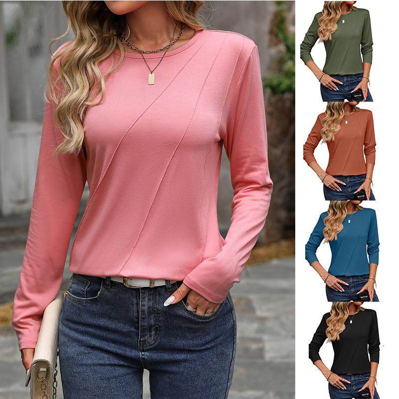 New solid color round neck loose long sleeve Tshirt woman