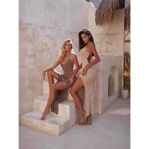 Split beach vacation beautiful back suspender knitted dress