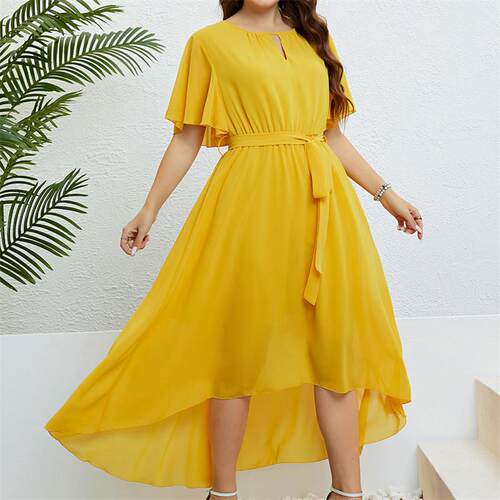plus size V neck summer dress 夏季V领黄色不规则大码连衣裙4XL