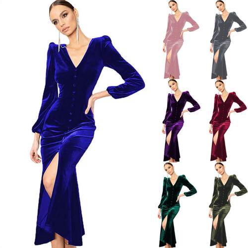 Solid Vneck Long Sleeve Wrap Hip Dress纯色V领长袖包臀连衣裙