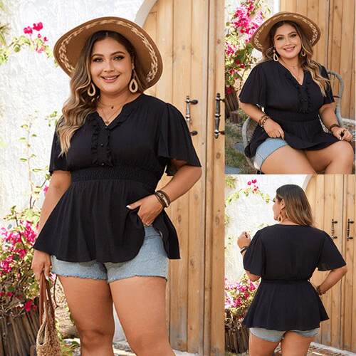 Plus size Vneck top short sleeves fat women shirts blouse