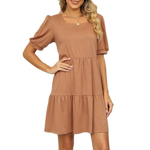 Solid Square Neck Loose Waist Dress 纯色方领短袖宽松腰连衣裙