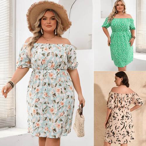 summer off shoulder plus size women dresses一字肩印花大码裙