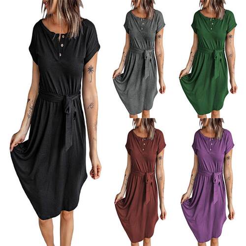 Round neck short sleeved tie up dress 纯色圆领短袖绑带连衣裙
