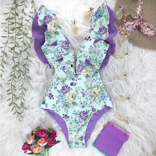 New Print Swimwear Deep Vneck Ruffle Swimsuit Push Up One