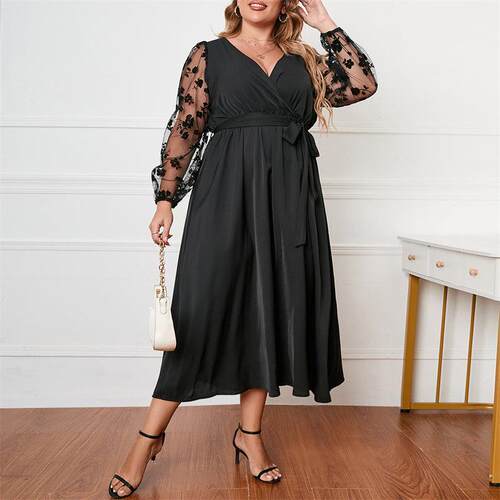 Autumn V neck Plus Size Women Dresses 拼接网纱长袖大码连衣裙