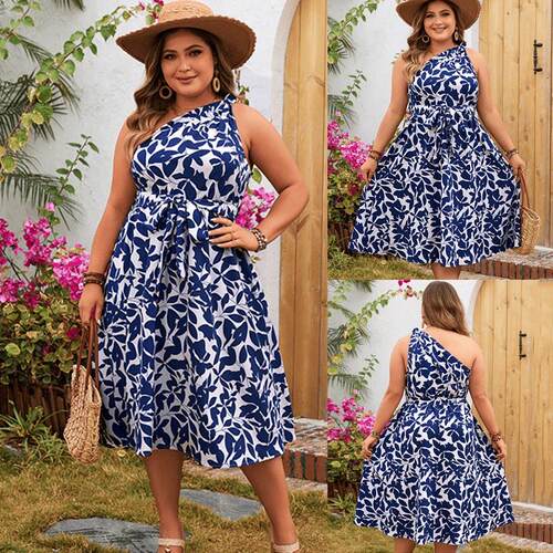 2024Plus size summer women Fashion one shoulder print dress