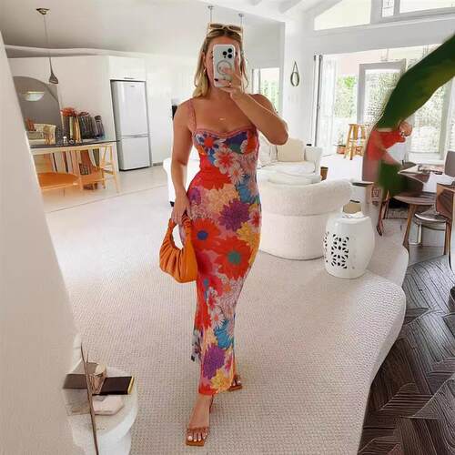 Womens one line collar floral print camisole dress