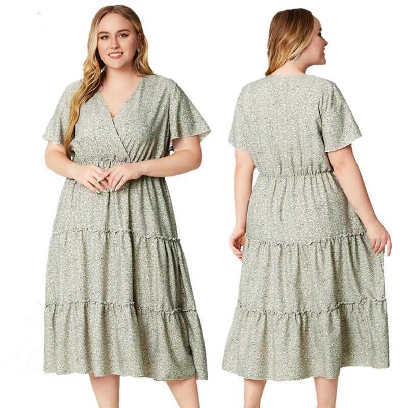 Plus Size women Dress summer fat woman Print V neck skirts图片