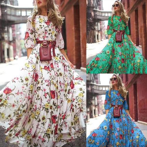Floral round neck large swing dress 碎花圆领修身大摆连衣长裙