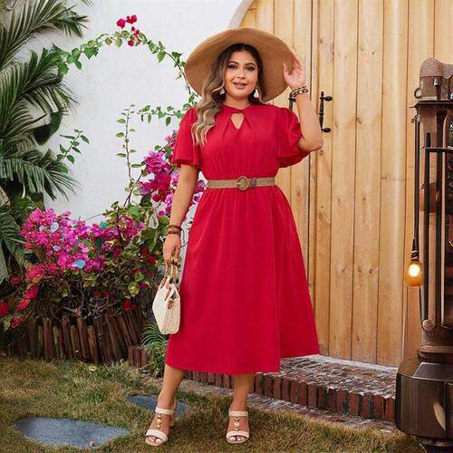 2024 Summer women dress 夏季红色圆领收腰显瘦大码连衣裙XL4XL