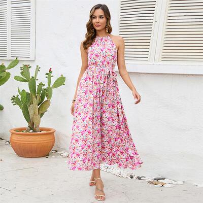 Hanging Neck Sleeveless Lace Strap Dress挂脖无袖绑带连衣长裙