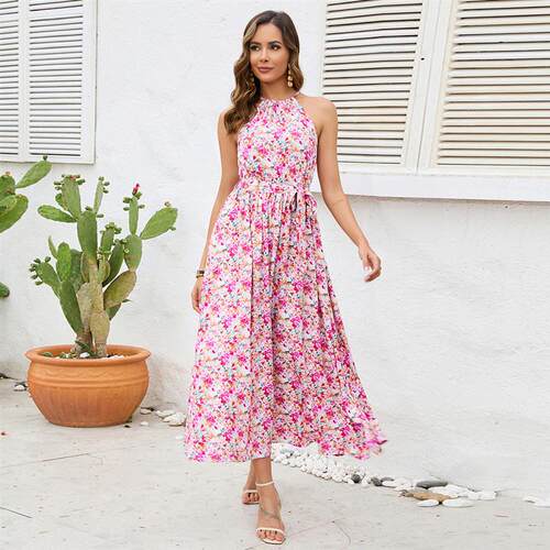Hanging Neck Sleeveless Lace Strap Dress挂脖无袖绑带连衣长裙
