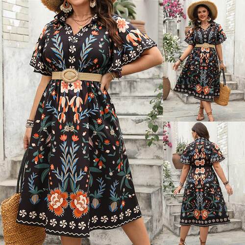 Plus size Vneck loose Printed dress 大码女装胖MM印花连衣裙