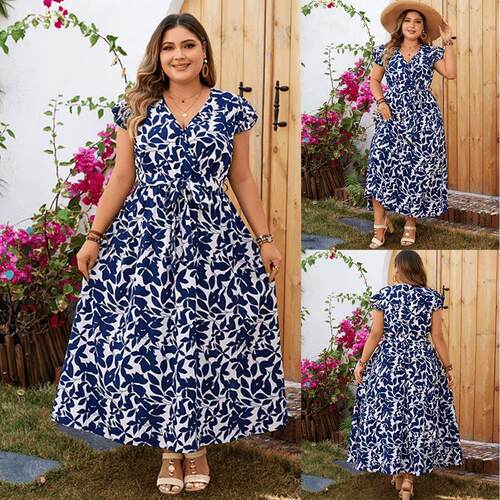 Plus size Women Summer Elegant V Neck Print Mini Dress V领裙