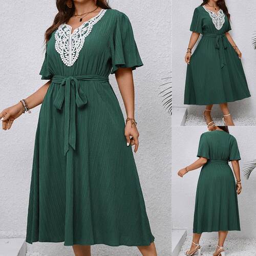 Plus size summer women dresses Loose Green frilled dress大码