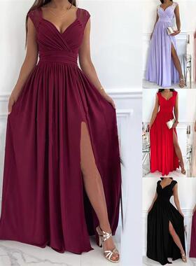 Summer womens sleeveless lace backless slit dress