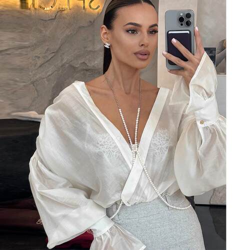 欧美宽松翻领灯笼袖长袖衬衫上衣Lantern See Through Top shirt