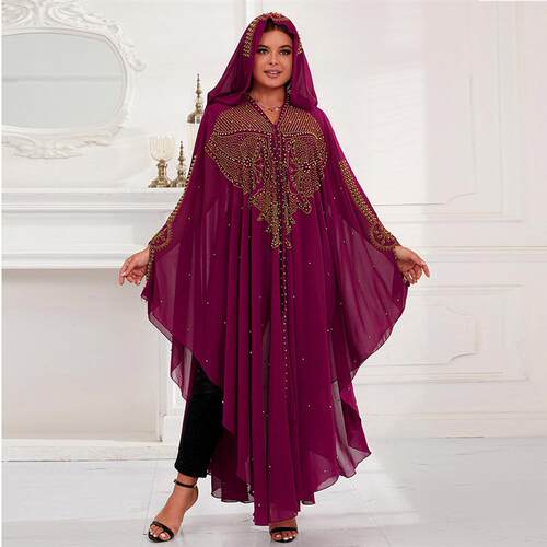 African plus size hot diamond bead embroidery hooded dress
