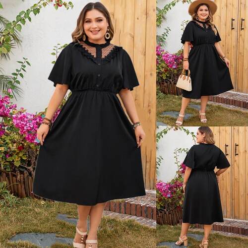 Plus size summer women Vneck lace cut elegant dress 大码裙