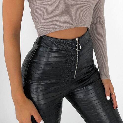 Autumn Pants Women PU Leather High Waist trousers 高腰皮裤女