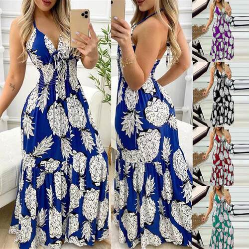 Printed neck hanging sleeveless dress 印花挂脖无袖吊带连衣裙