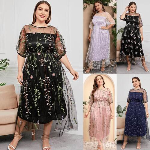 plus size summer womens Embroidered party dress网纱刺绣礼服