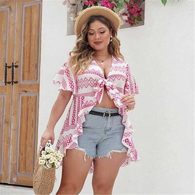 Plus size women Beach sunscreen tops Bikini blouses 罩衫上衣