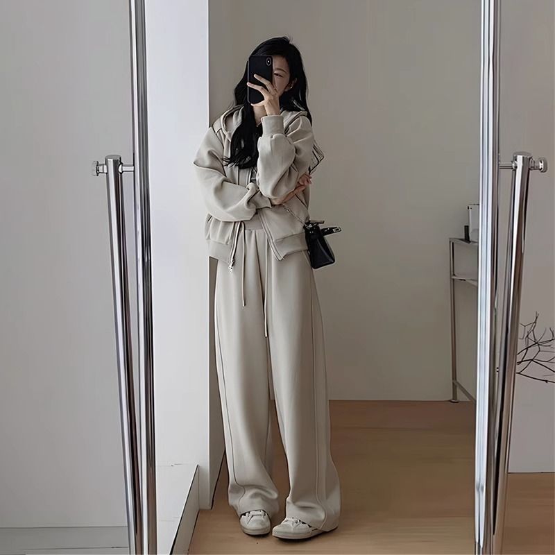 大码韩系休闲运动套装女秋冬季高级感假两件长袖卫衣阔腿裤两件套
