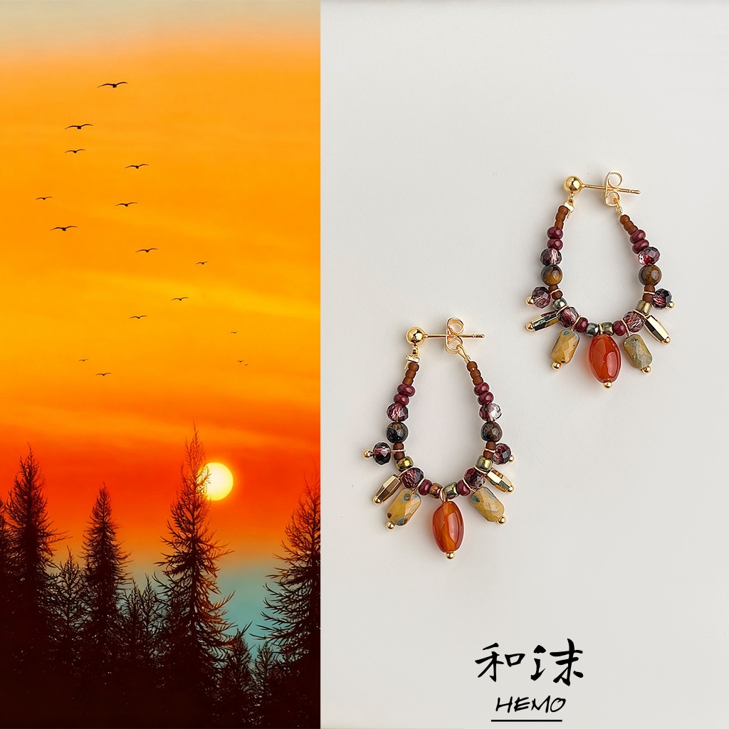 Hemo原创红玛瑙琉璃撞色串珠耳环