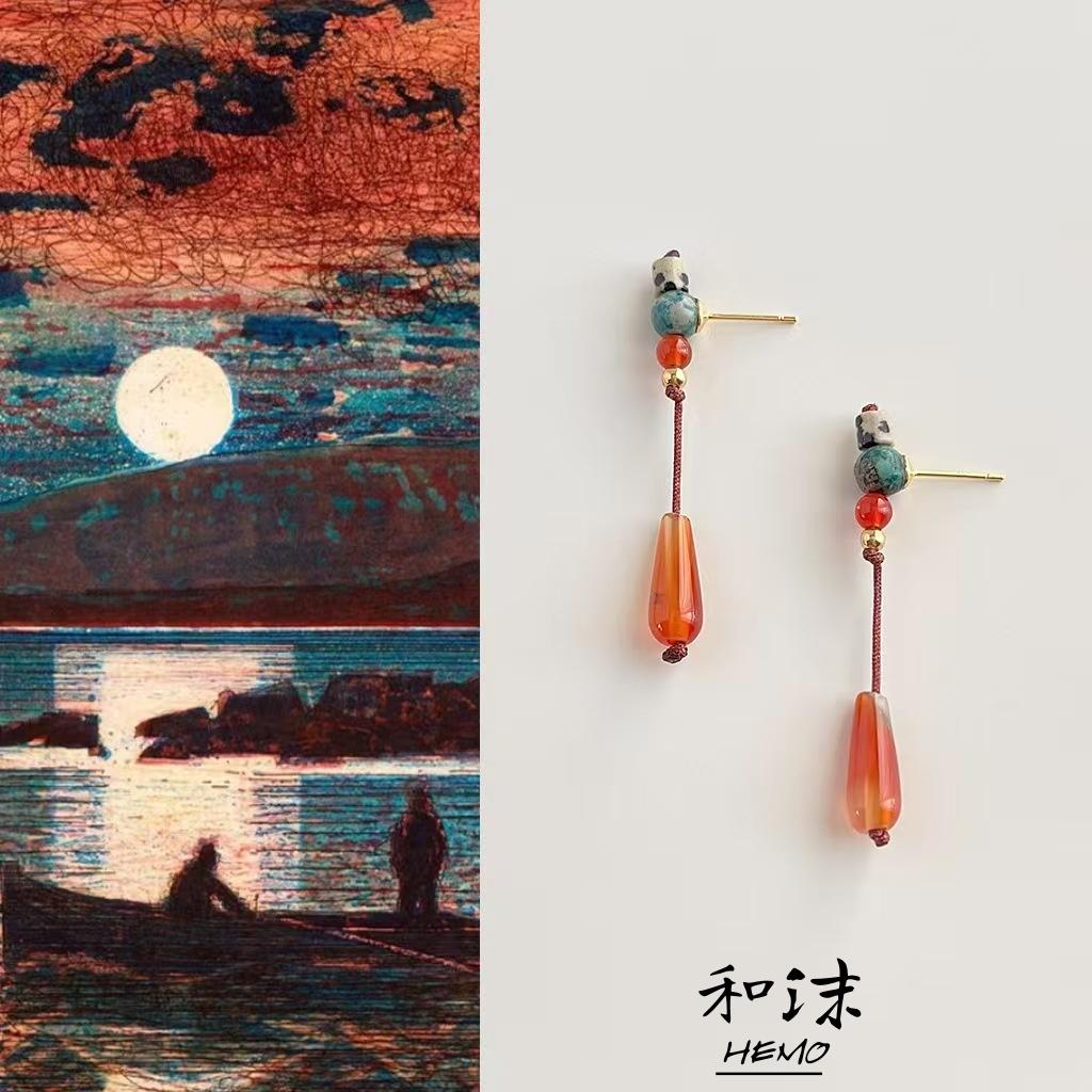 Hemo手作『晚霞』国风原创玉石玛瑙耳钉古风长款文艺新年耳环耳饰