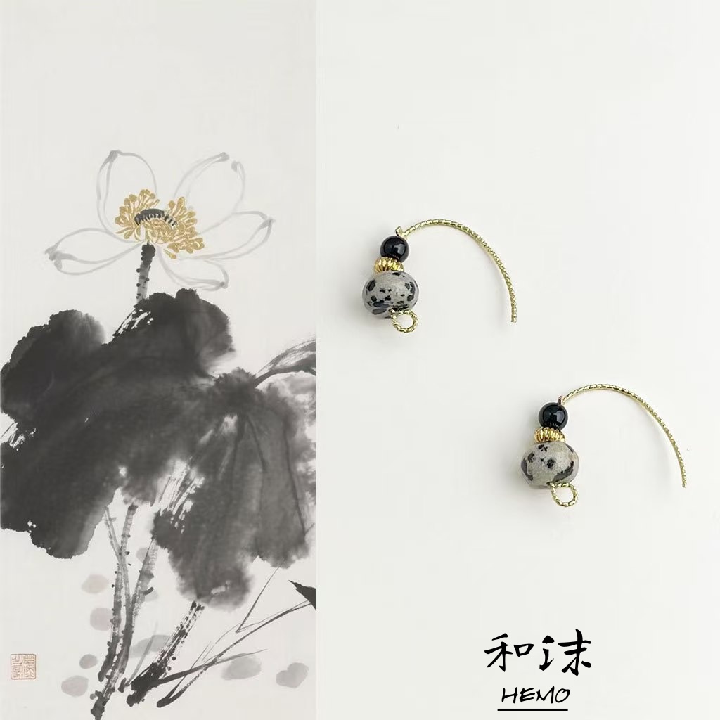 国风原创黑玛瑙斑点石串珠耳环复古文艺小众耳钩民族风高级感耳饰