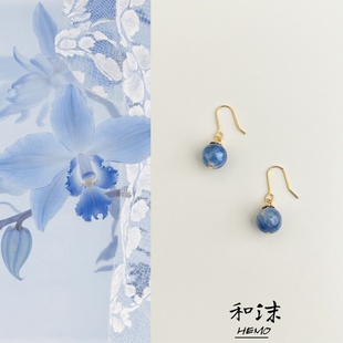 国风原创天然蓝晶石耳环复古几何耳钩小清新耳饰女 蓝色传奇