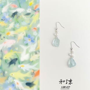 原创天然蓝色碎石耳环清新甜美风耳钩高级感小众耳饰 清透海盐